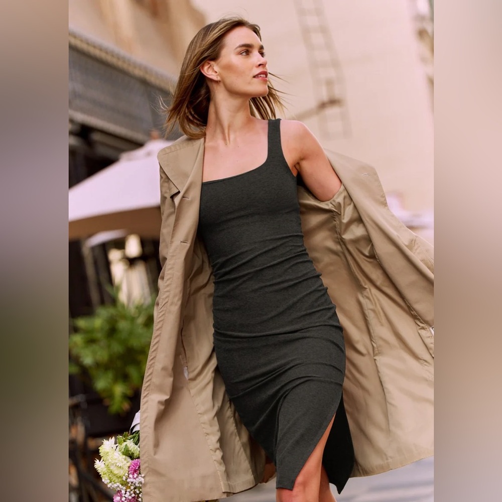 Beyond Yoga Spacedye Icon Midi Dress Side Slit Sleeveless Black Gray Medium